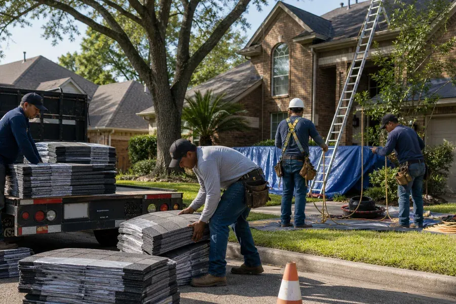 Roofing crew preparing materials at a Houston residential jobsite