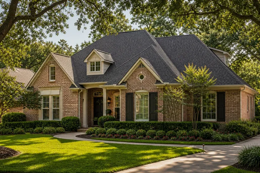 Finished architectural shingle roof on a brick Houston area home