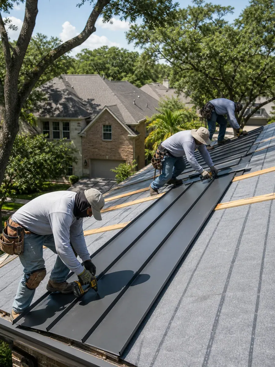 Houston roofing crew installing standing seam metal roof panels